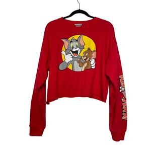 Tom and Jerry Cropped Sweatshirt Womens Size XL Raw Hem Red Long Sleeve Top
